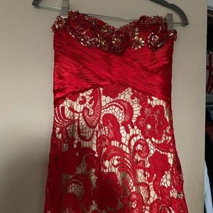 Red crochet over gold gown